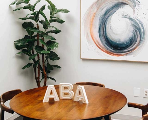 ABA letters on a brown circle table