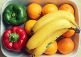 bananas, peppers, and oranges