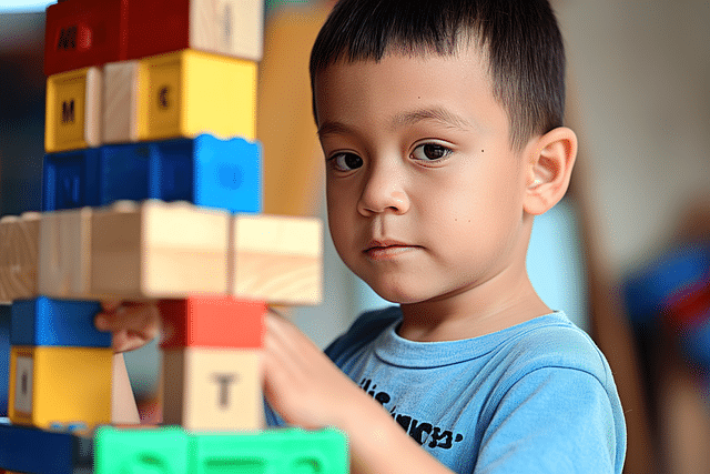 Boy playing with blocks looking at the camer